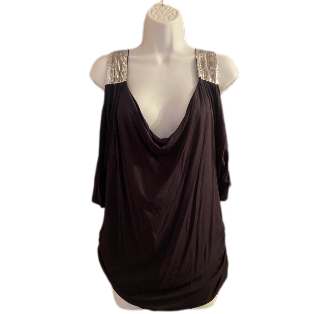 Magic Fit Drape Neck Cold Shoulder Sequin Strap Top, Size Large